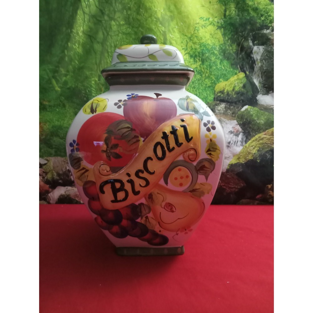 Nonnis Hand Painted Biscotti Jar with Lid Fruit Design 12 Inch Multicolor